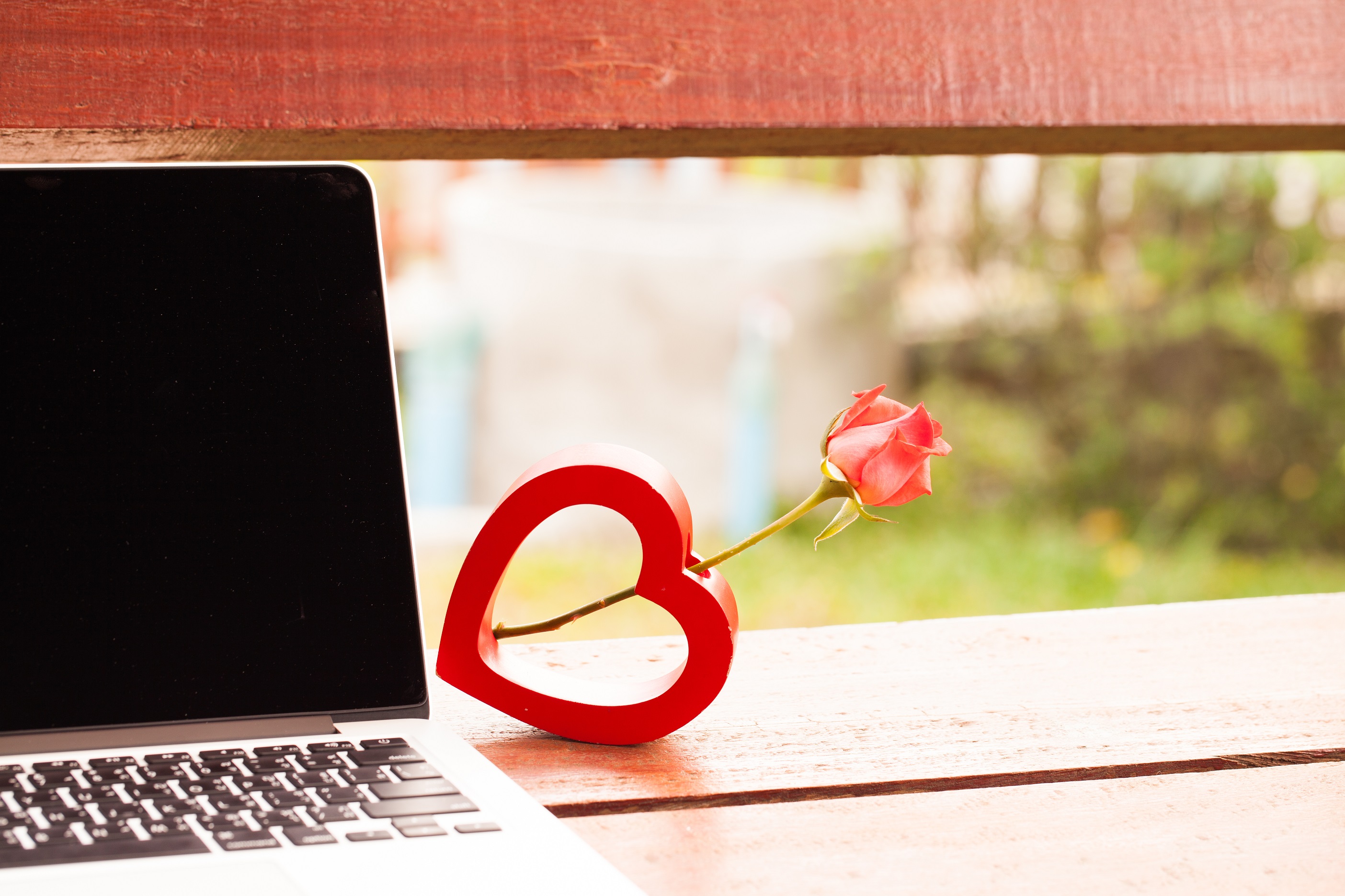 Laptop with rose and Valentine's Day stand