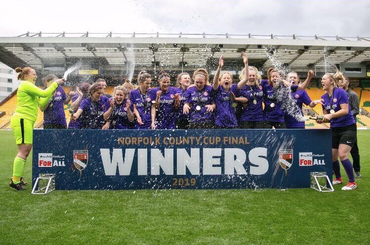 Wymondham Town ladies win the Norfolk County Ladies Cup and pose with their trophy